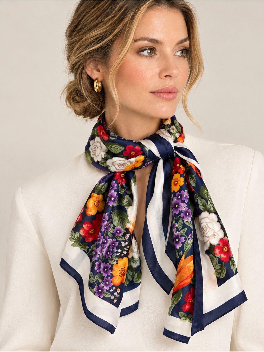Vintage Bill Blass Silk Scarf Floral Navy Multicolor Square Designer Scarf